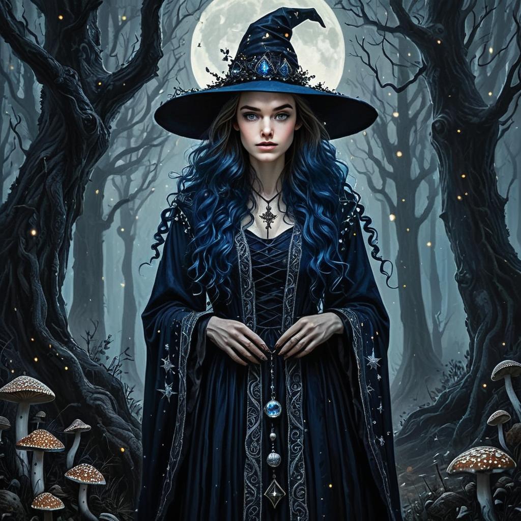 Mystical Blue-Haired Witch in Dark Gothic Forest Under Full Moon