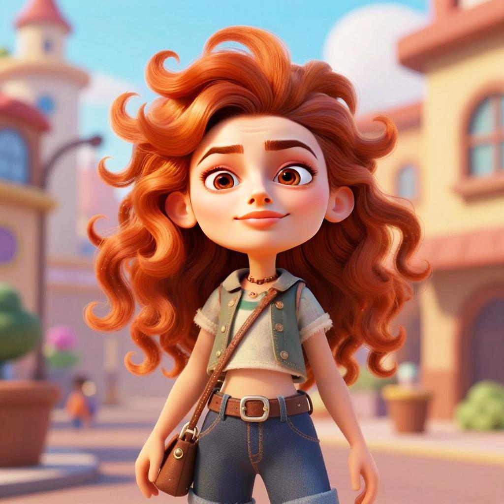 3D Digital Illustration of a Stylish Young Woman with Curly Red Hair in Urban Setting