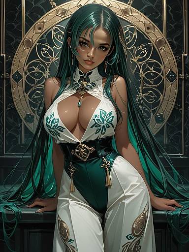Dark Illustrious Woman with Long Teal Hair in Detailed Fantasy Outfit