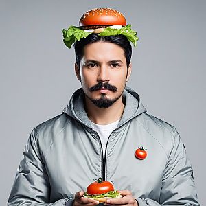Man with Tomato Pin Balancing Burger Bun