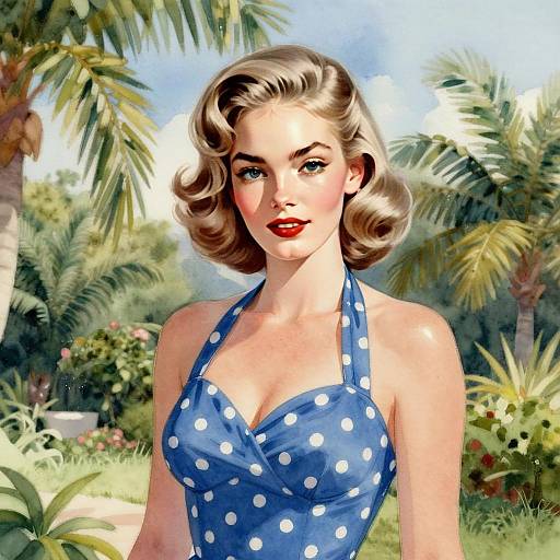 Vintage 1950s Style Woman in Blue Polka Dot Dress with Tropical Background