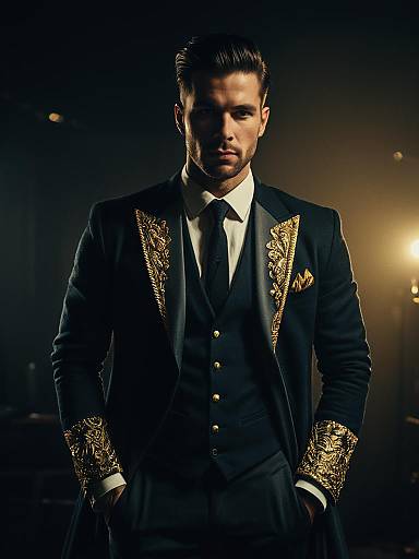 Man in Modern Fashion Costume with Gold Embroidery - Photorealistic Studio Portrait