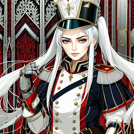 Anime Woman in Elaborate Military Uniform with White Hair and Red Silver Background