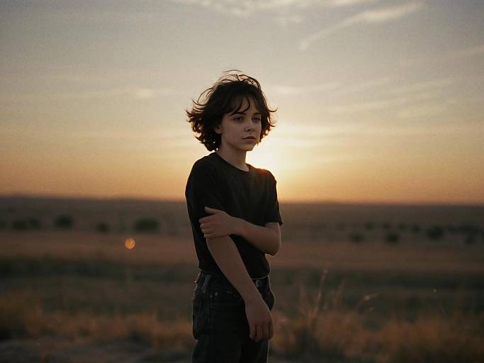 Boy Standing in Field at Sunset with Natural Warm Lighting