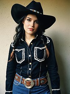 Young Woman in Black Cowgirl Costume with Western Shirt and Hat