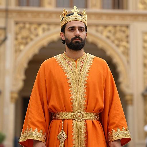 Regal Man in Ornate Orange Robe and Golden Crown
