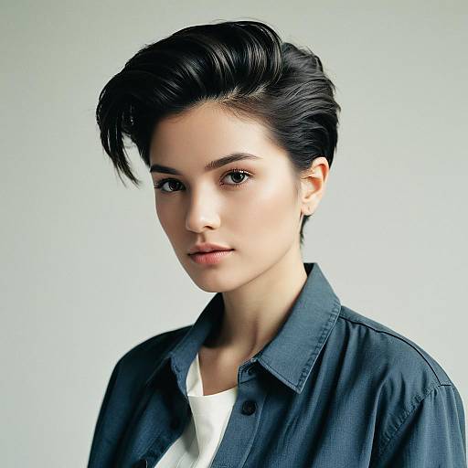 Portrait of Young Woman with Short Hair in Denim Jacket
