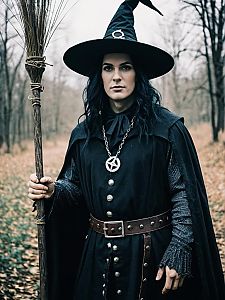 Man in Modern Witch Costume Holding Broom in Forest Fantasy Cosplay