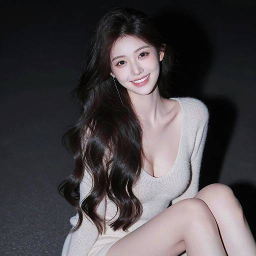 Smiling Young Woman with Long Hair in Soft Knit Dress Sitting Against Dark Background