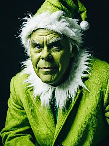 Man in Realistic Grinch Costume with Green Makeup and Santa Hat