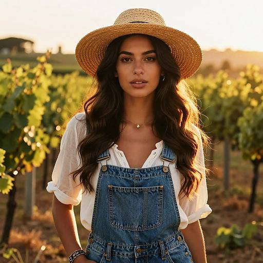 Young Woman Wearing Denim Overalls and Straw Hat in Vineyard at Sunset
