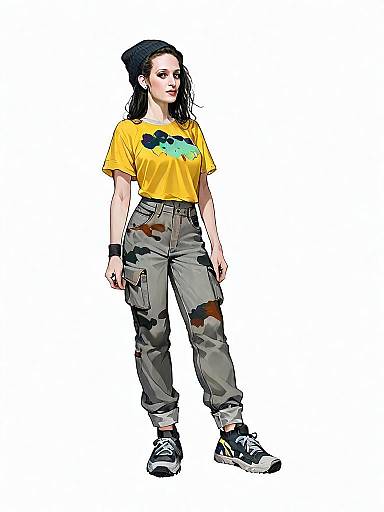 Young Woman in Yellow Graphic Tee and Camouflage Cargo Pants - Realistic Comic Style Illustration