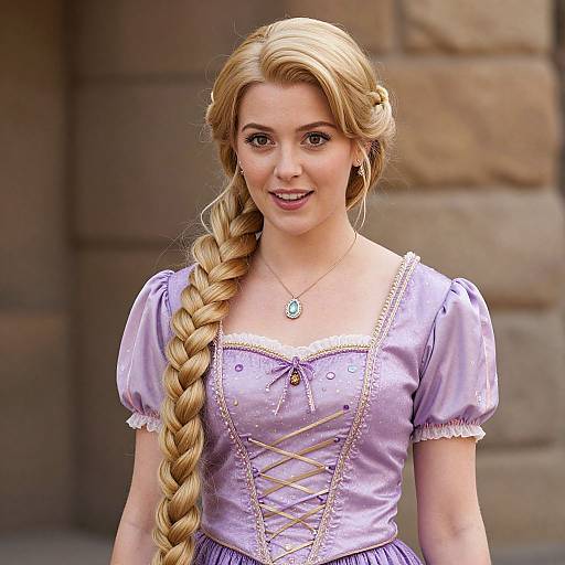 Woman in Purple Rapunzel Costume with Long Blonde Braid