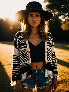 Bohemian Patterned Monochrome Cardigan with Fringed Hem on Woman