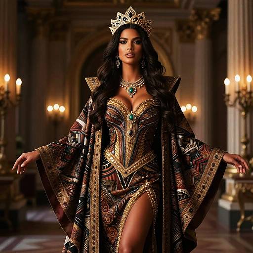 Regal Woman in Ornate Gold and Jewel-Embellished Gown with Crown in Palace