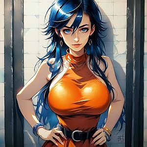 Confident Woman with Blue Hair in Orange Top