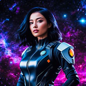 Confident Woman in Futuristic Suit Against Cosmic Background