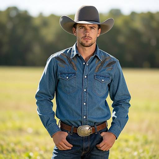 Young Man in Western Cowboy Hat and Embroidered Denim Shirt in Field