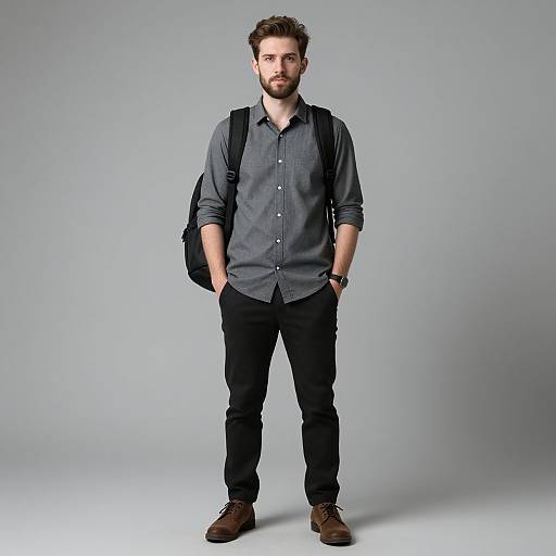 Young Man with Backpack in Casual Modern Outfit Standing Against Gray Background