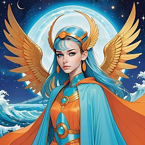 Regal Woman with Blue Hair and Golden Wings Against Celestial Background