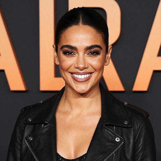 Confident Woman Wearing Black Leather Jacket Smiling Gen Z Style