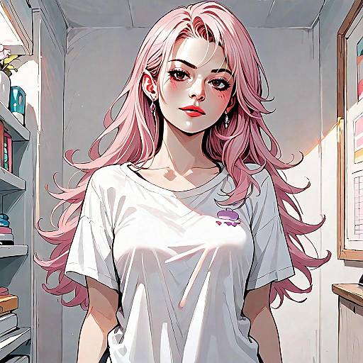 Anime Style Portrait of Woman with Pink Hair in Casual White T-Shirt