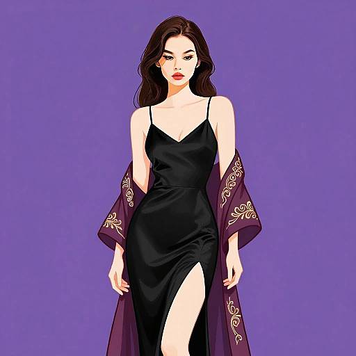 Elegant Woman in Black Silk Slip Dress with Embroidered Shawl on Purple Background