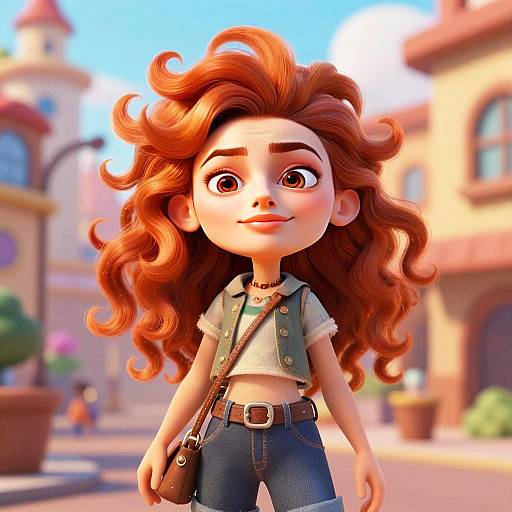 3D Digital Illustration of a Stylish Young Woman with Curly Red Hair in Urban Setting