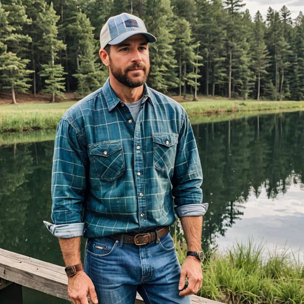 Man in Blue Plaid Shirt and Patchwork Cap by Lake in Forest