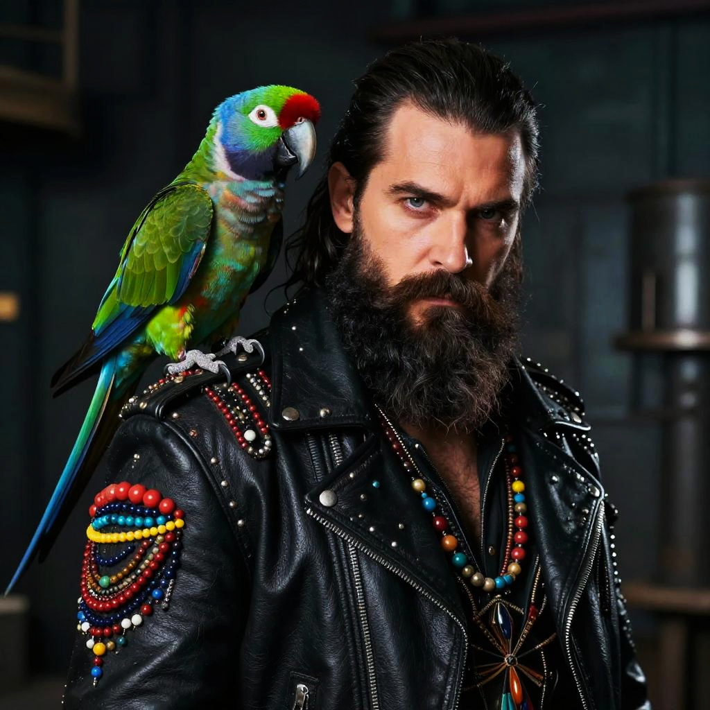 Bearded Man in Studded Leather Jacket with Colorful Parrot on Shoulder