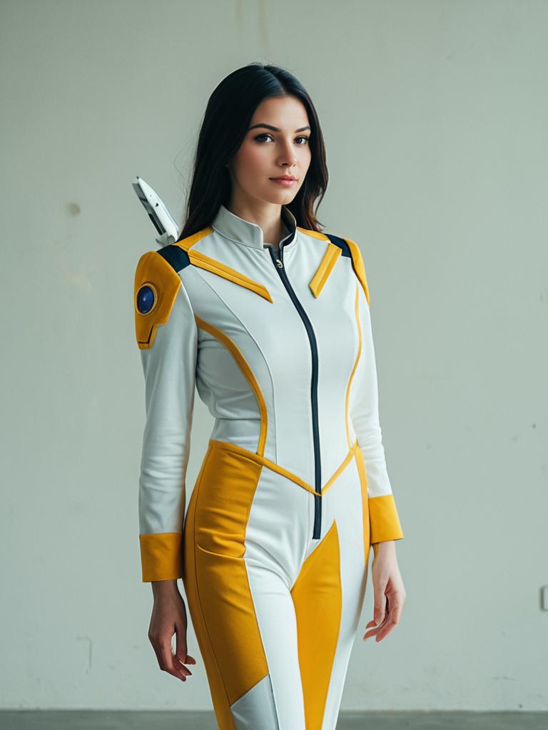 Realistic Launch Character Cosplay Woman in Futuristic White and Yellow Costume