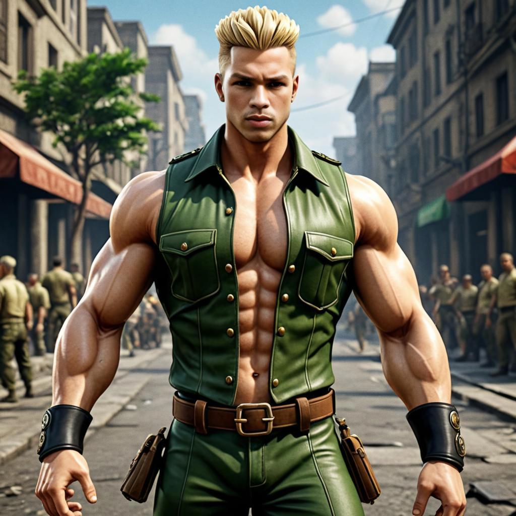 Muscular Man in Green Military Outfit Inspired by Ken from Street Fighter