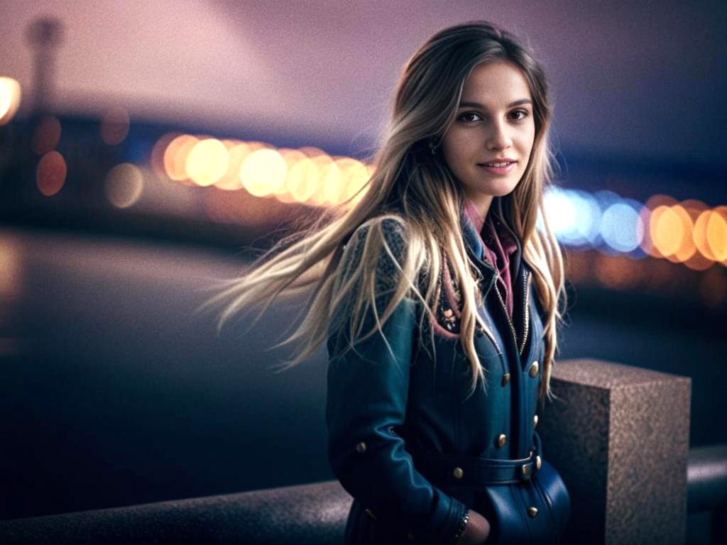 Confident Young Woman by Waterfront at Dusk