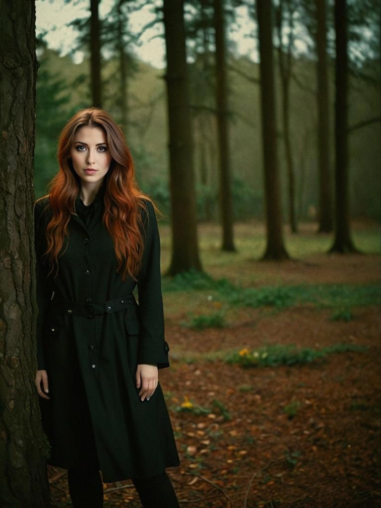 Elegant Woman with Red Hair in Forest