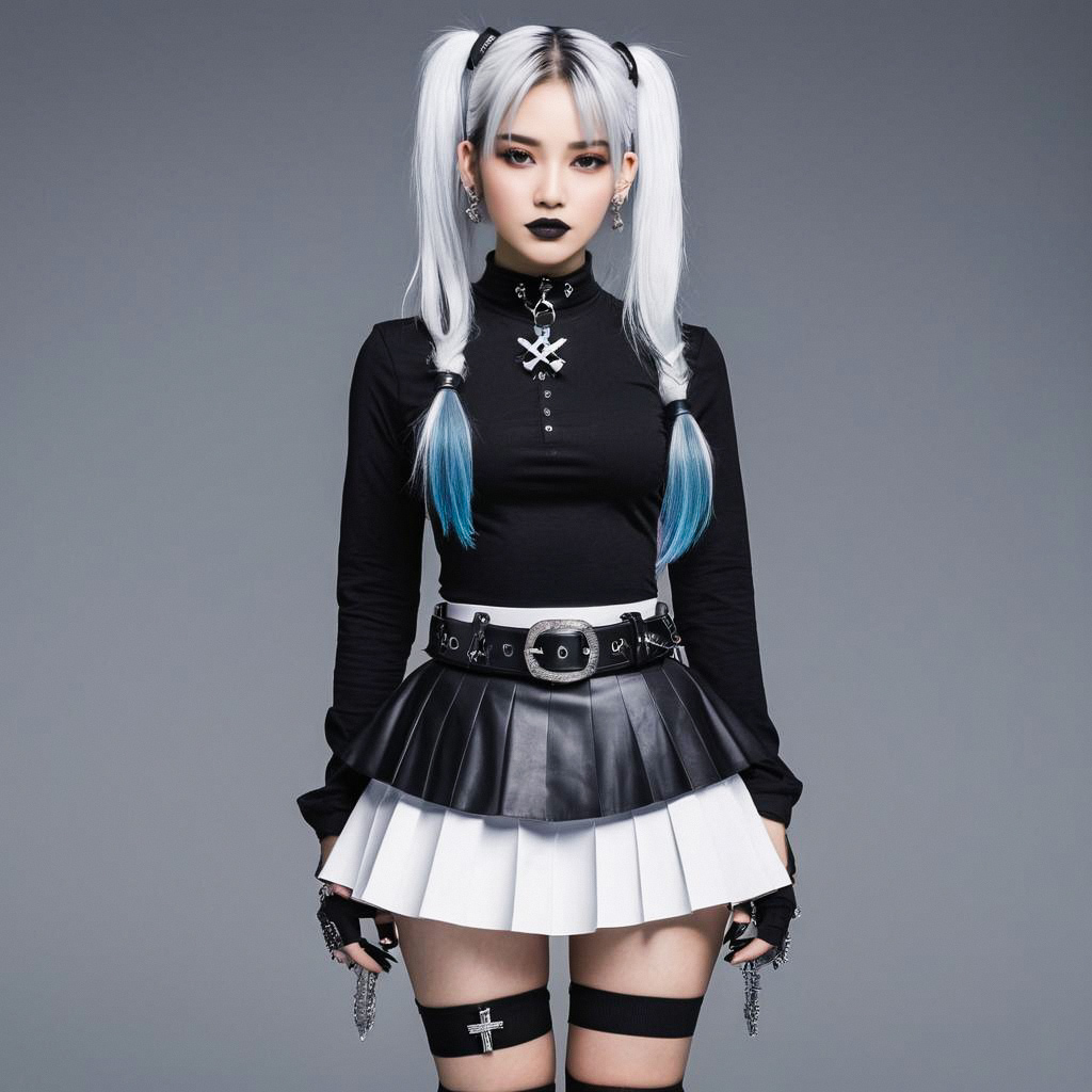 Young Woman in Modern Gothic Fashion with Ombre Ponytails