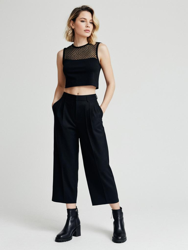 Minimalist Black Cropped Mesh Top with Wide-Leg Pants on Woman