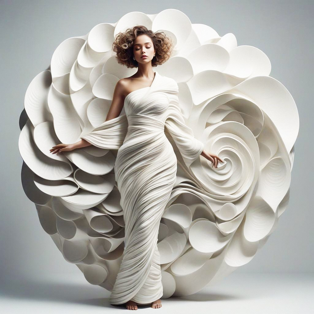 Woman in Flowing White Gown Mimicking Flower Petals Woman in Flowing White Gown Mimicking Flower Petals