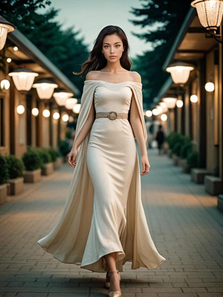 Elegant Woman in Off-Shoulder Dress on Lantern-Lit Pathway