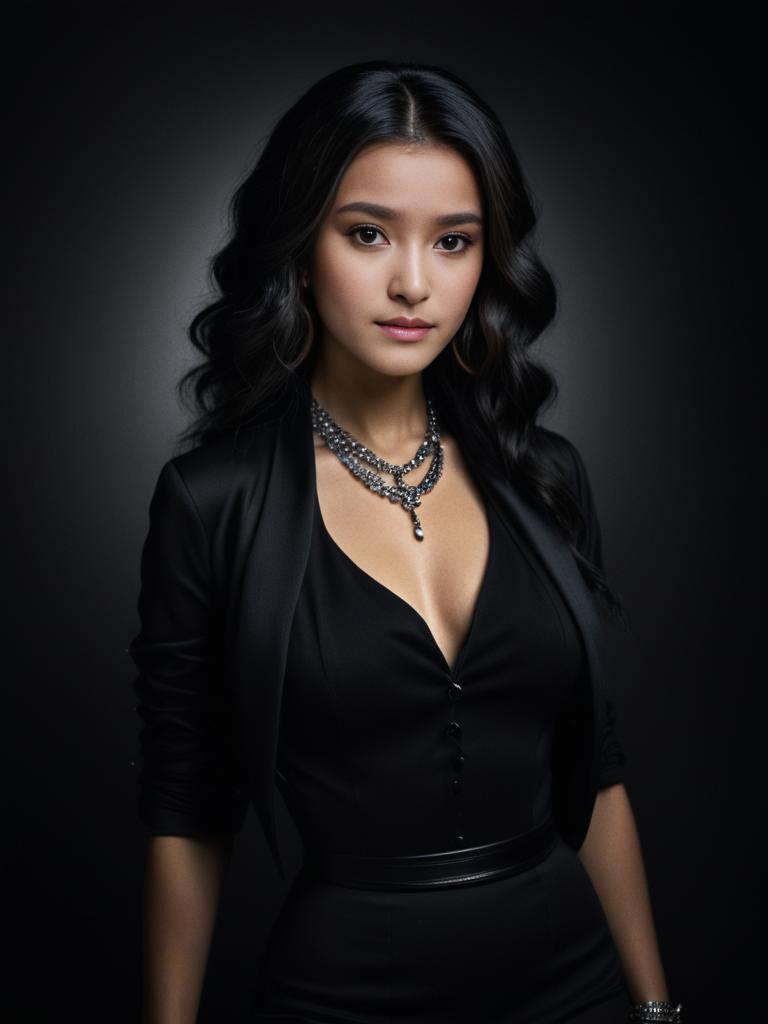 Elegant Woman in Black Outfit with Striking Jewelry