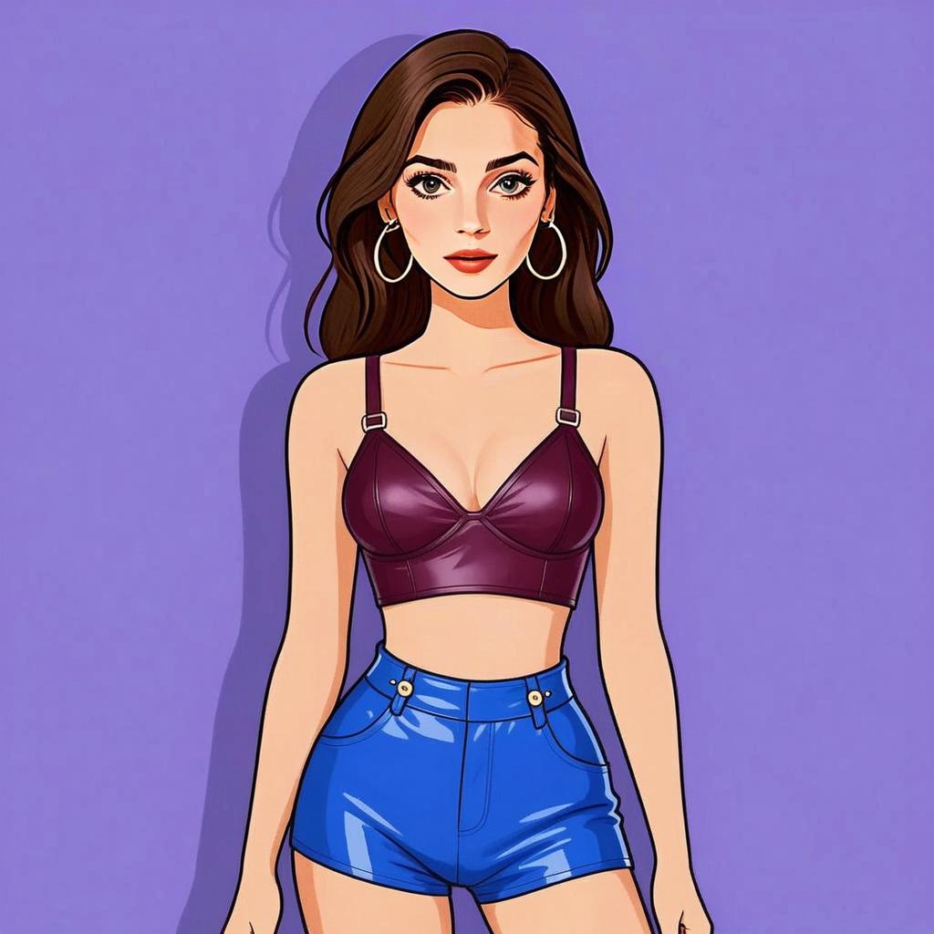 Stylish Woman in Leather Bralette and Blue Shorts Digital Illustration