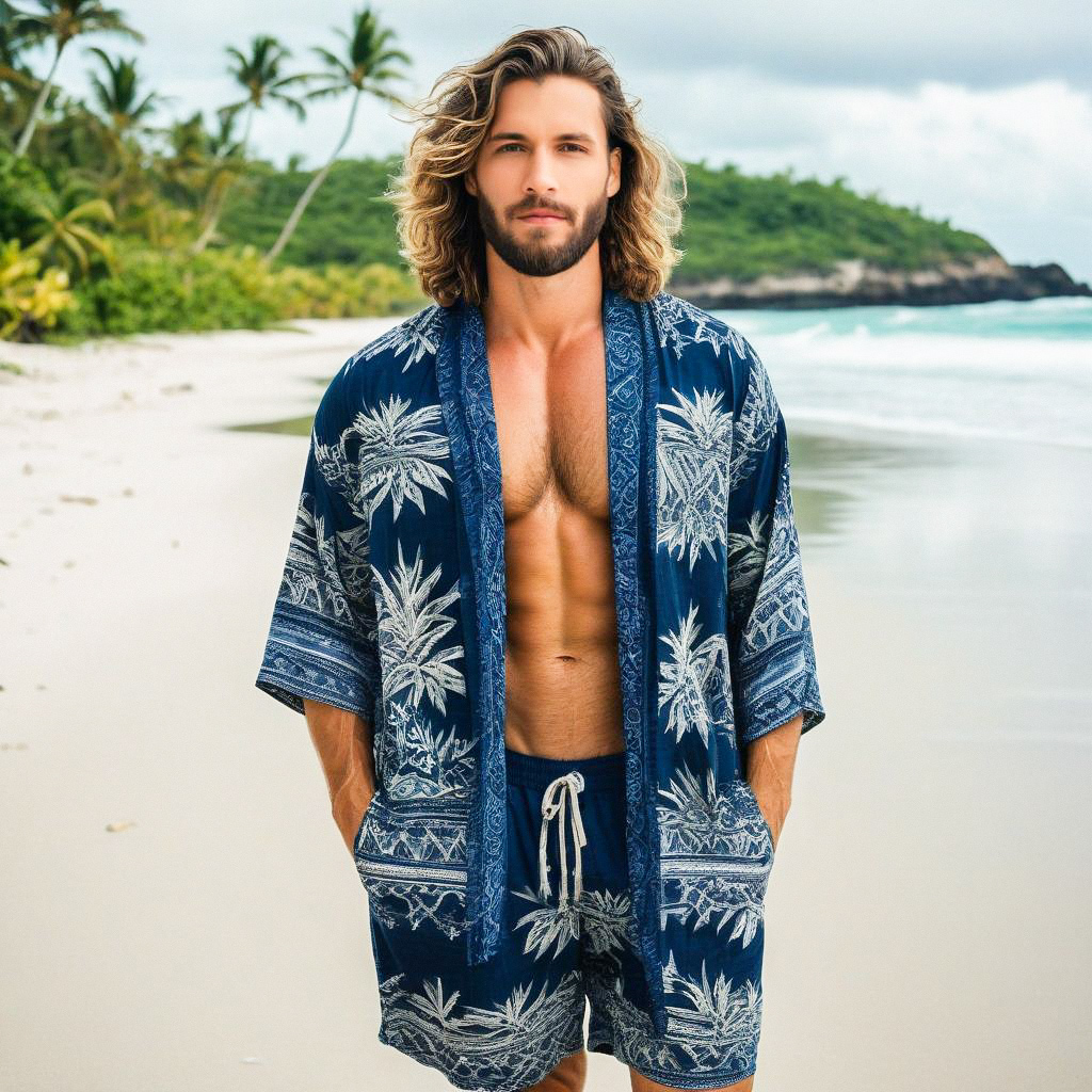 Confident Man in Beach Robe on Tropical Shoreline Confident Man in Beach Robe on Tropical Shoreline