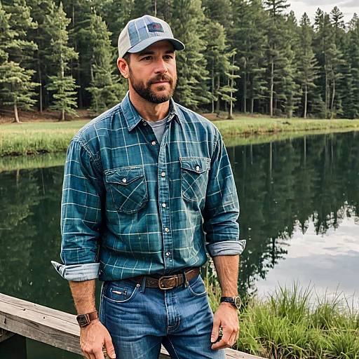 Man in Blue Plaid Shirt and Patchwork Cap by Lake in Forest