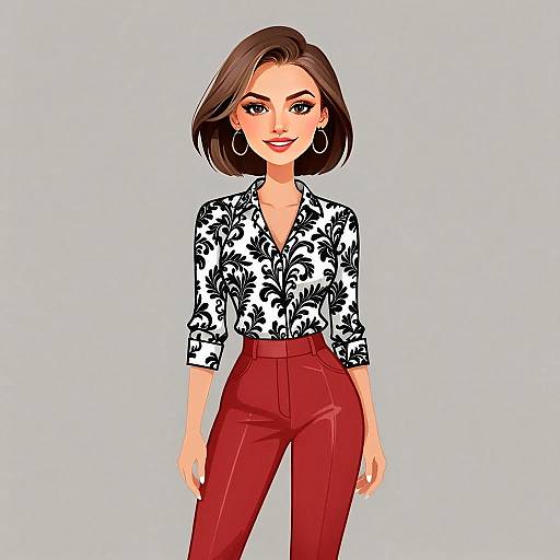 Stylish Woman in Business Casual Outfit with Patterned Blouse and Red Pants Illustration