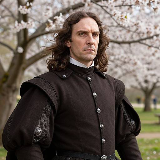 Man in Renaissance Black Costume Outdoors with Cherry Blossoms