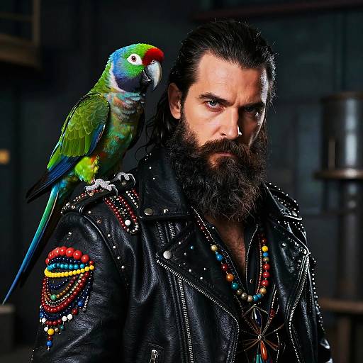 Bearded Man in Studded Leather Jacket with Colorful Parrot on Shoulder