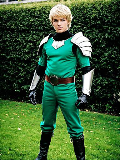 Young Man in Green Fantasy Warrior Costume with Silver Armor
