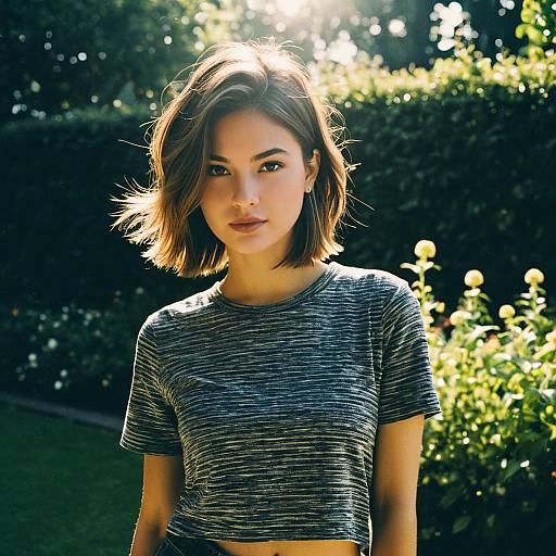 Natural Light Portrait of Woman in Casual Grey Crop Top Outdoors