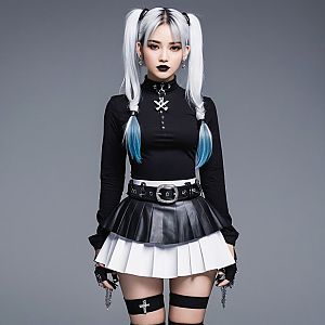 Young Woman in Modern Gothic Fashion with Ombre Ponytails