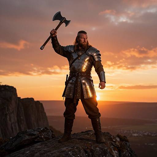 Viking Warrior Man in Armor Holding Axe at Sunset on Rocky Cliff