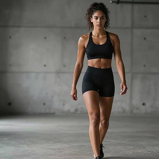 Fit Woman Walking in Black Sportswear in Modern Gym